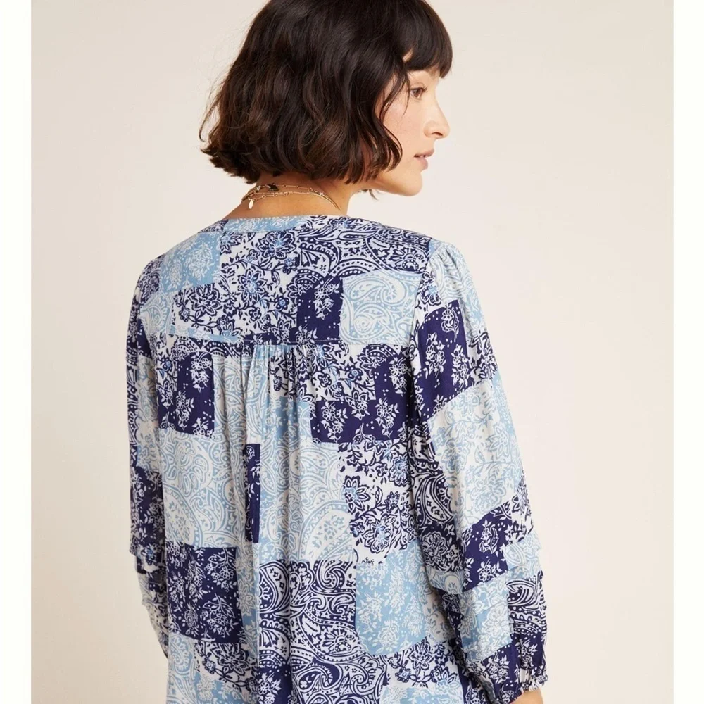 Maeve Cathy Pleated Blouse Size M‎ Blue Paisley Boho Puff Sleeve Hippie